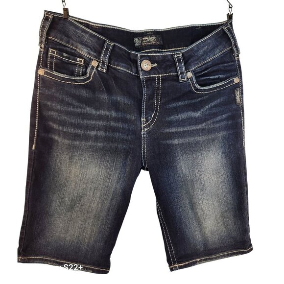 Silver Jeans Co Suki Bermuda Shorts W31/L11 Womens Dark Wash Stretch Distressed - Picture 1 of 16